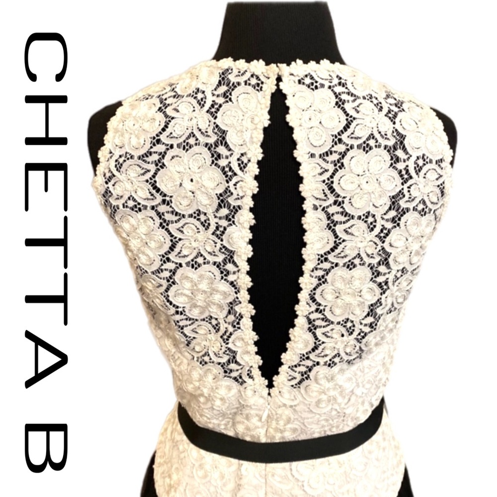 Chetta B White Floral Lace Black Tulle Sleeveless Dress Women's Size 12